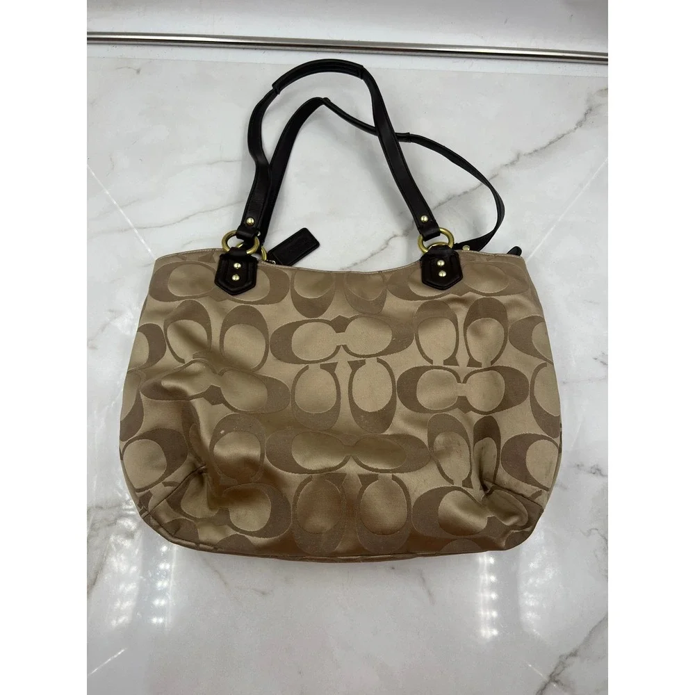 Coach Campbell Signature Belle Carryall Tote Tan Brown Leather Trim Tote